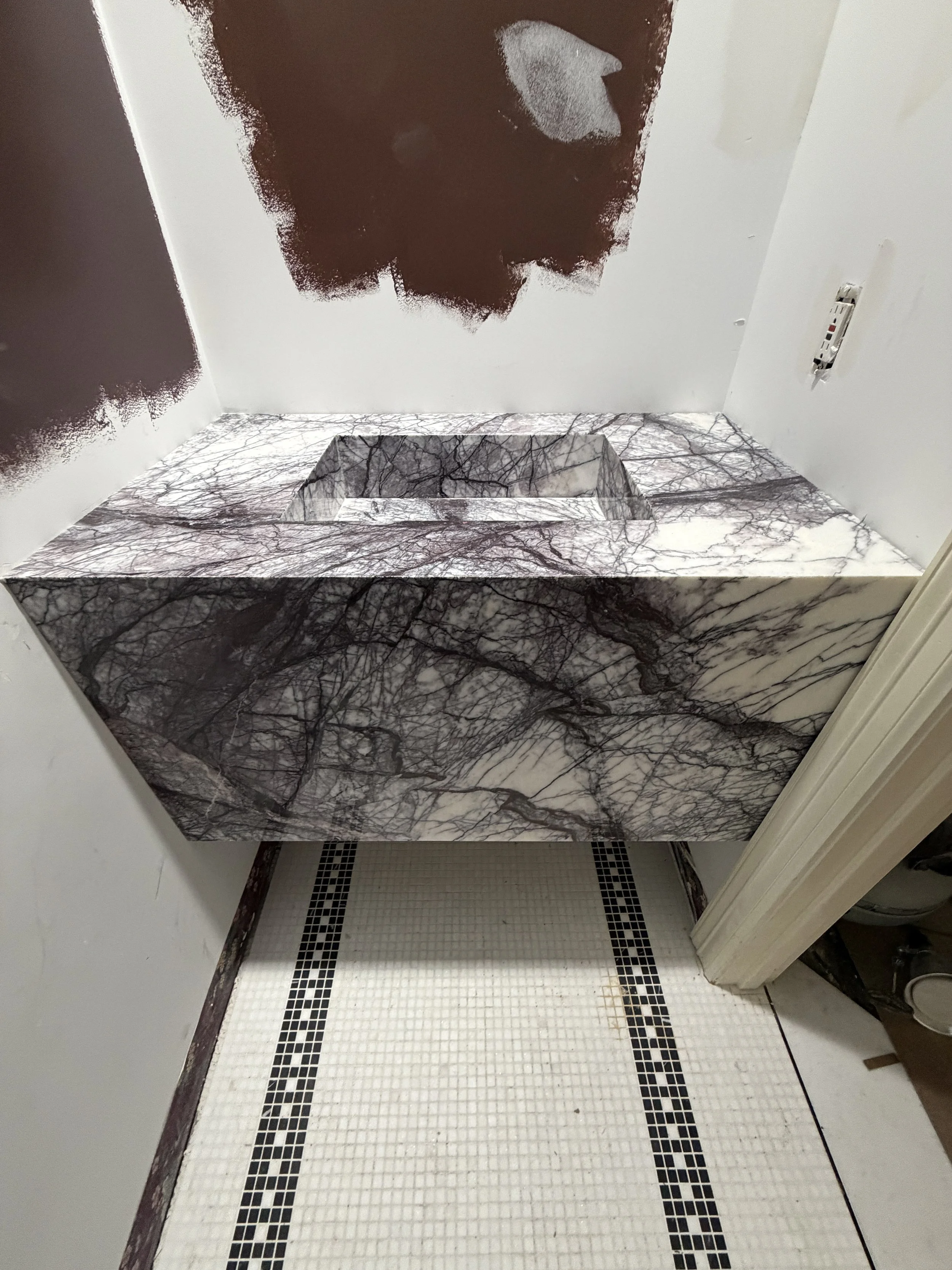 Lilac custom vanity for powder bath in our Houston remodel project