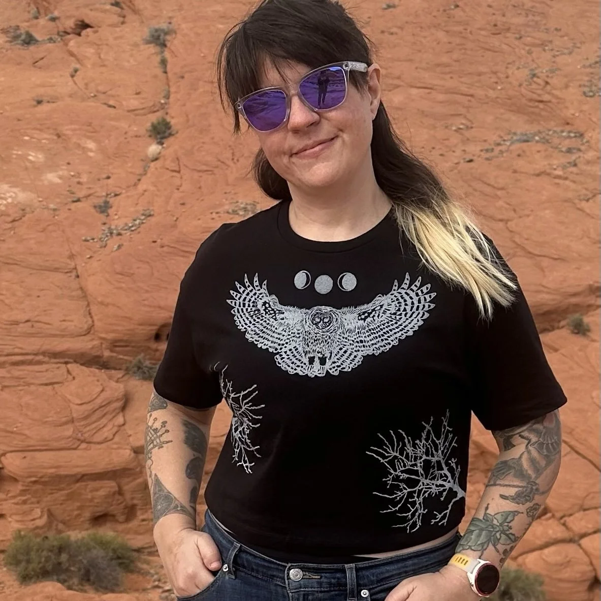 Barred Owl Cropped Tee in Black, S-M