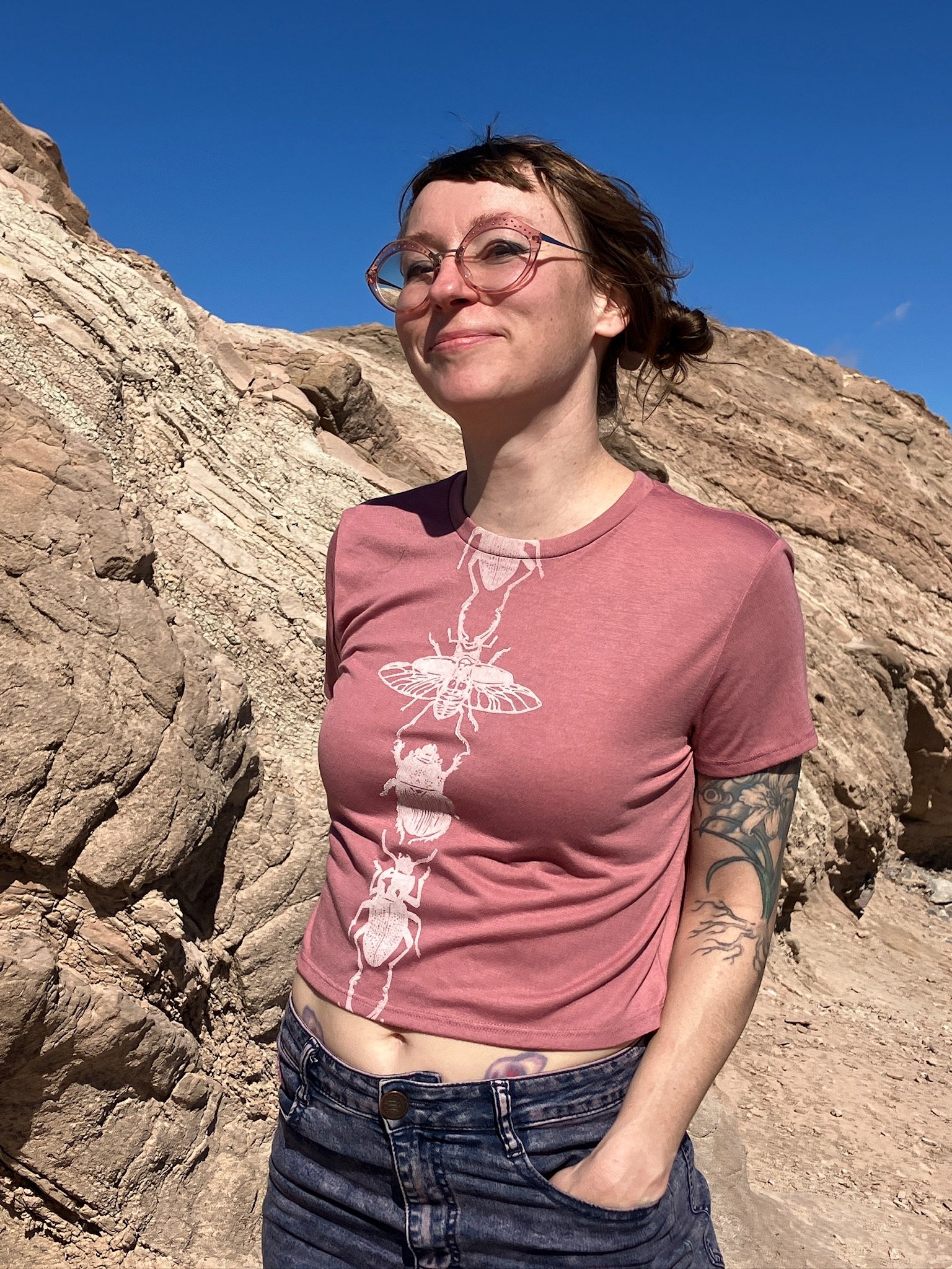 Beetle Parade Flowy Cropped Tee in Mauve, S and 2XL