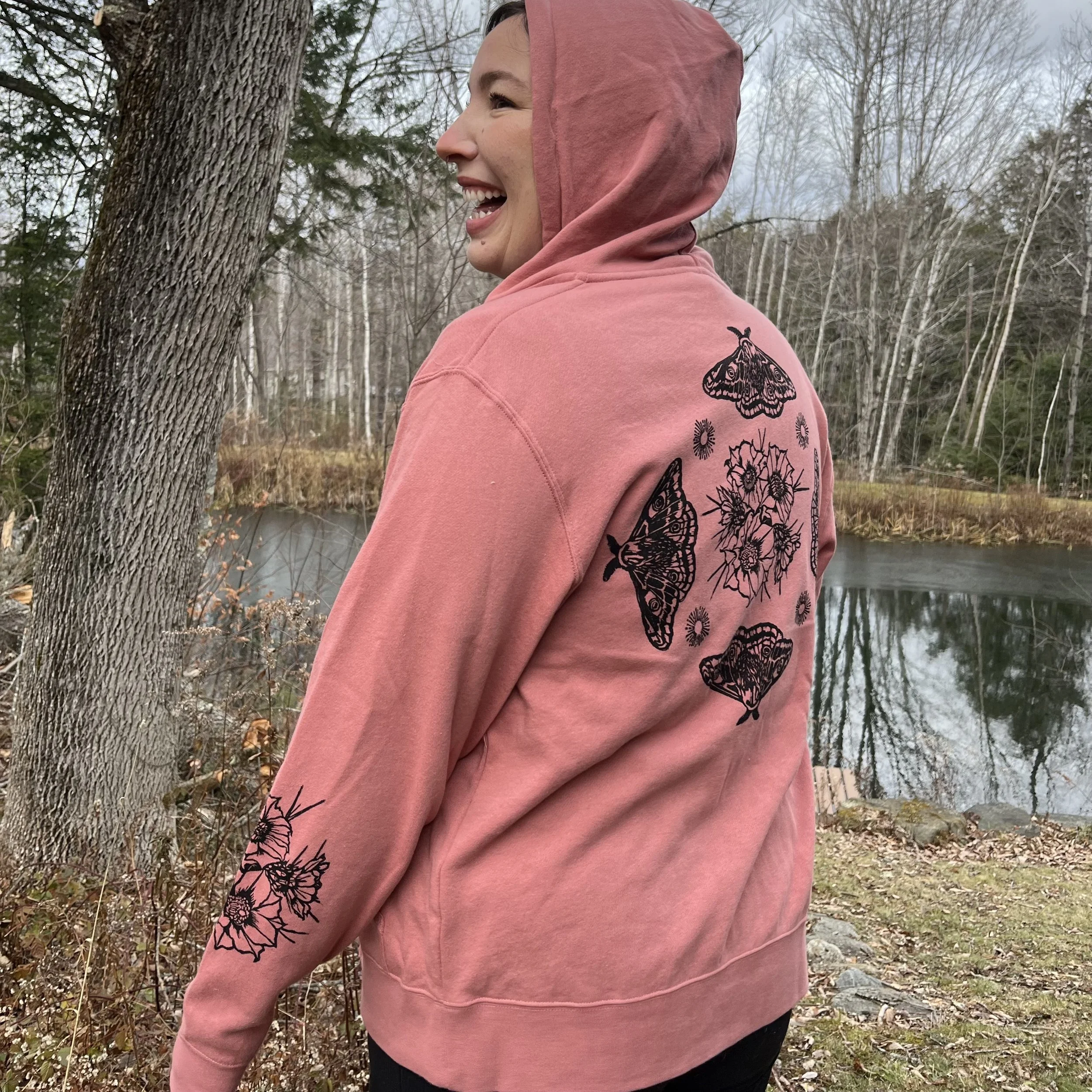 Desert Moth Zip Hoodie in Dusty Rose, Unisex XS