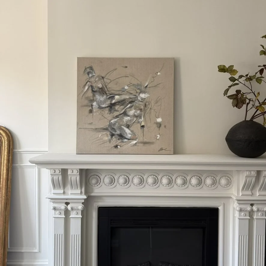 Faceless no.67, acrylic and mixed media on linen, 30x30 inches, Brittney Ciccone - on mantel