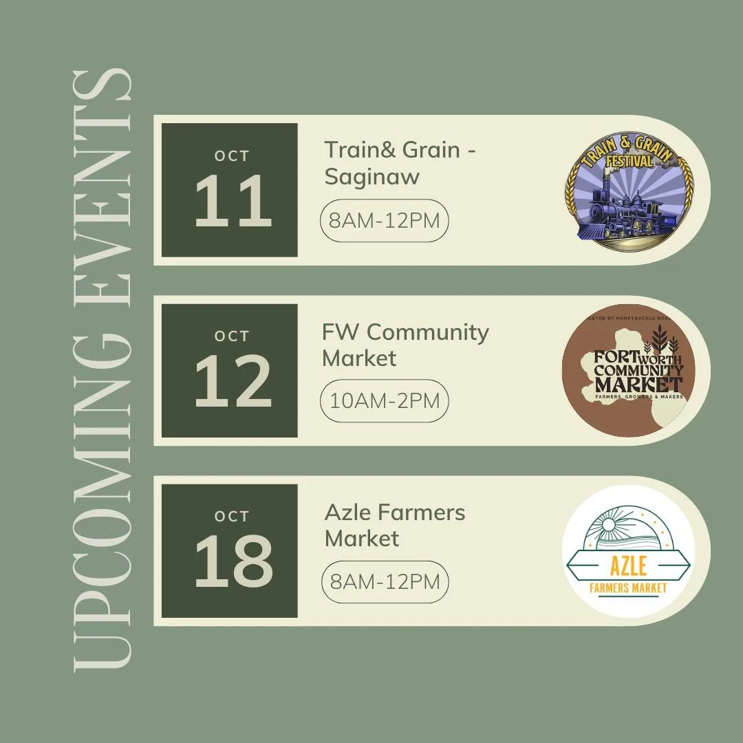 October is packed with markets + fall vibes 🍂✨

Catch FastingHouse Naturals at:
🚂 Oct 11 &ndash; Train &amp; Grain, Saginaw (10&ndash;4)
🌿 Oct 12 &ndash; Fort Worth Community Market (10&ndash;2)
🍎 Oct 18 &ndash; Azle Farmers Market (8&ndash;12)

