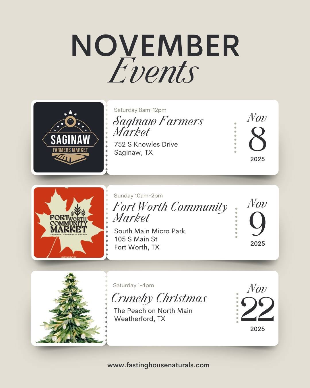 🍂 November Market Lineup is here! ✨
Catch us all month long at your favorite local spots 🌿

📍 Nov. 8 &ndash; Saginaw Farmers Market (8&ndash;12)
📍 Nov. 9 &ndash; Fort Worth Community Market (10&ndash;2)
🎄 Nov. 22 &ndash; Crunch Christmas Market 