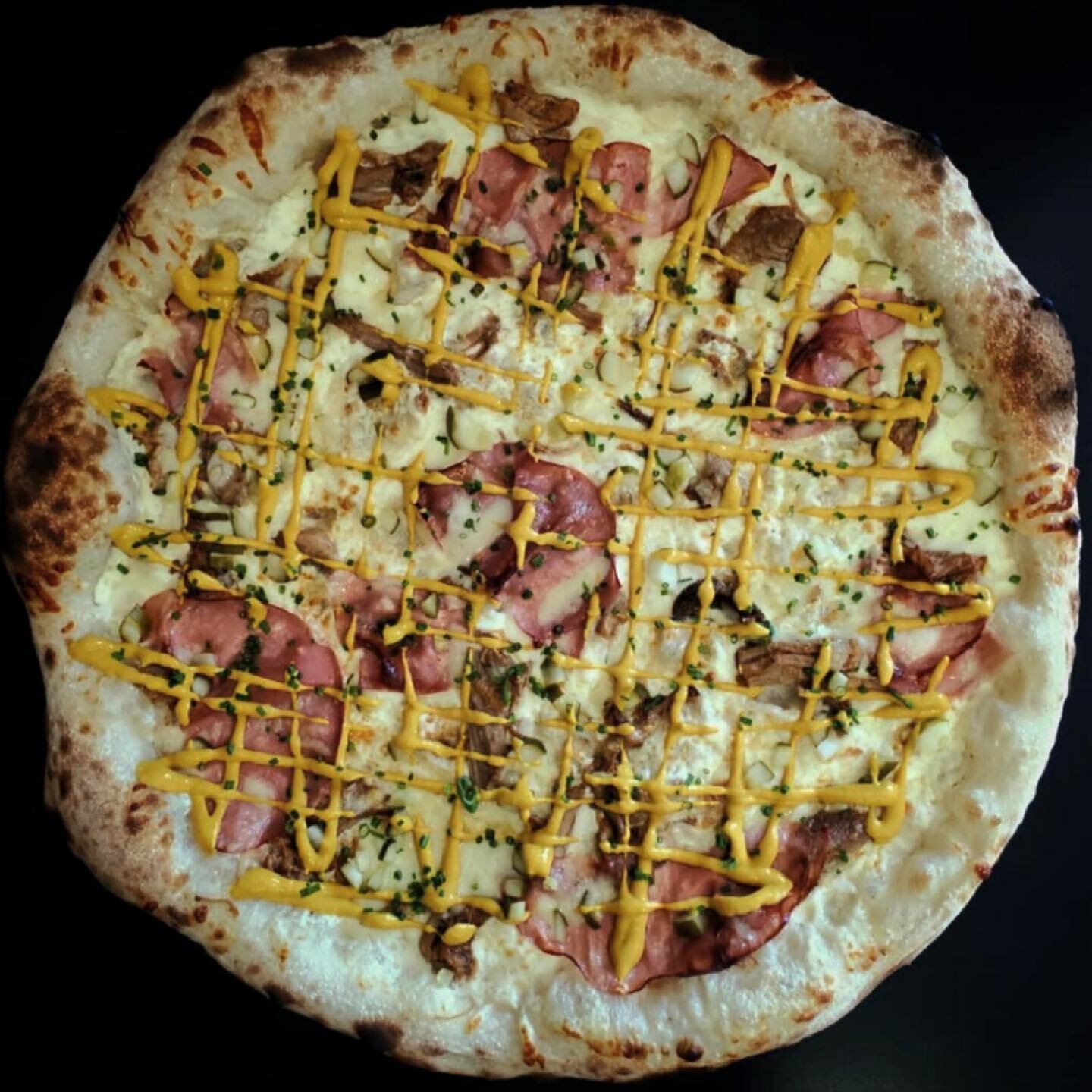 THIS IS A FEATURE. NY style Cubano Pie with roast pork, mortadella, mustard and pickles $26. OPEN TODAY AT 4pm