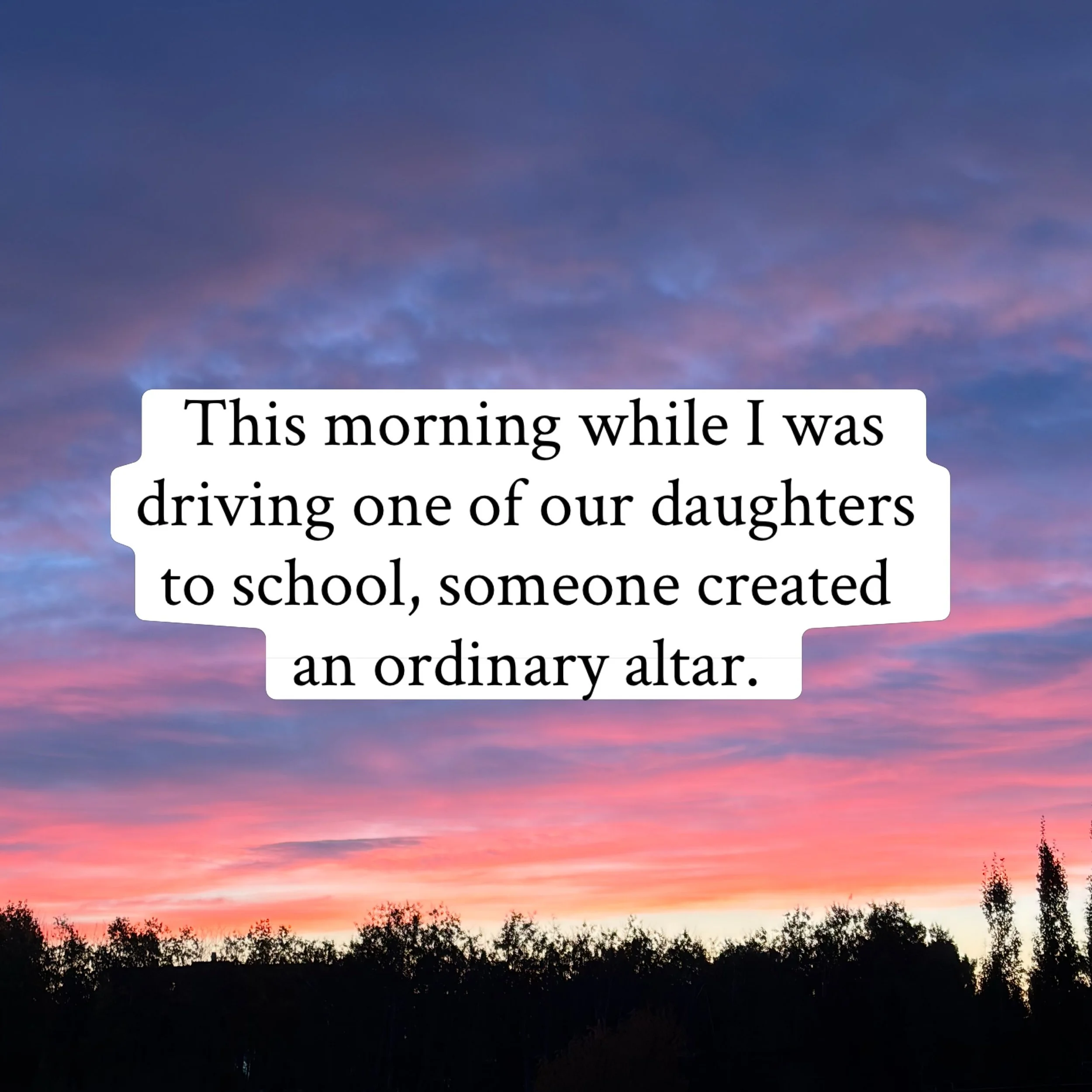 This morning while I was driving one of our daughters to school, someone created an ordinary altar. We were stopped at a red light at a very busy intersection. And in the middle of the lanes of traffic, dead centre of the interchange was a baby bunny