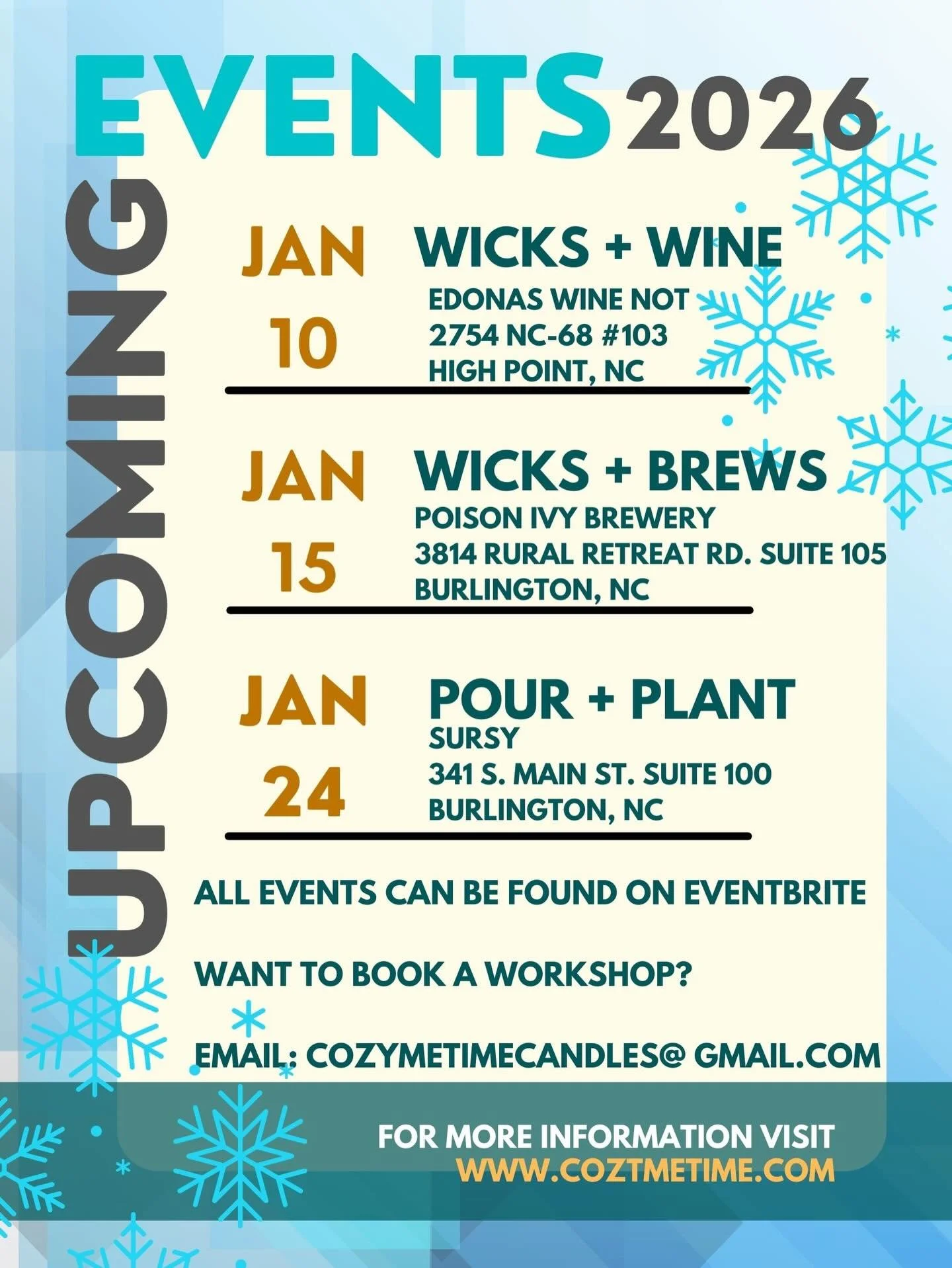 January is full of candle pours! 🕯️✨
Head to Eventbrite and grab your seat before they&rsquo;re gone!