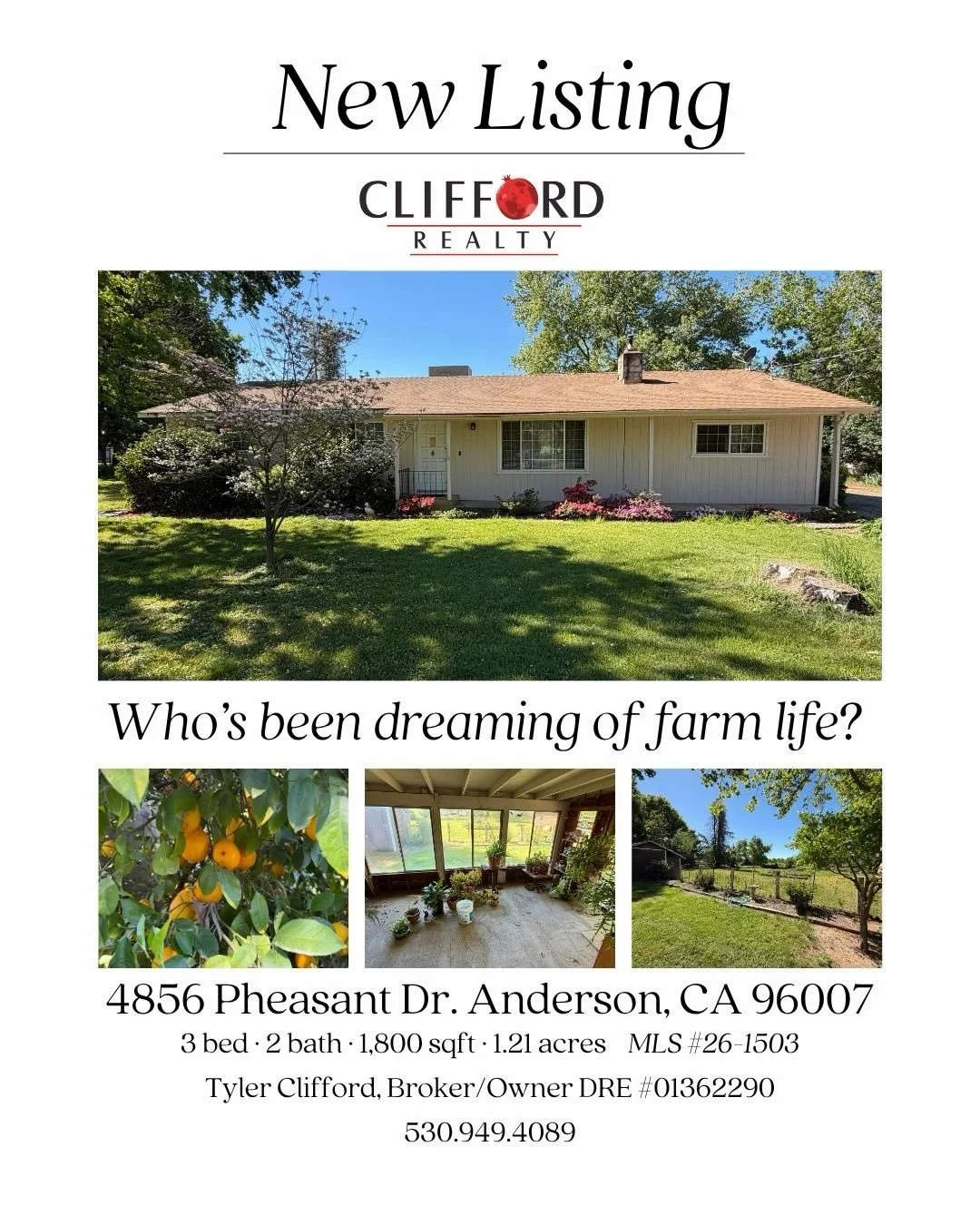 💥Just Listed!
📍4856 Pheasant Dr. Anderson, CA 96007

🏡Charming and well-loved 3-bedroom, 2-bath home set on usable acreage with ACID canal access. 

☑️This inviting property features hardwood floors, a cozy layout with a pellet stove, whole house 