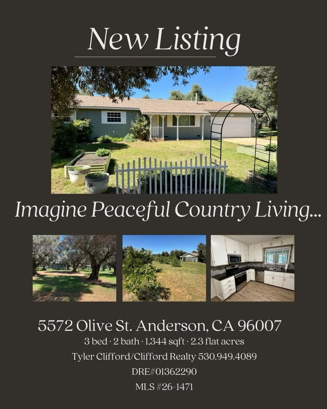 💥Just listed!

📍5572 Olive St. Anderson, CA 96007

Charming 3-bedroom, 2-bath home on 2.3 flat acres with a beautiful olive orchard. This inviting property features granite slab kitchen countertops, laminate flooring, a cozy pellet stove in the liv