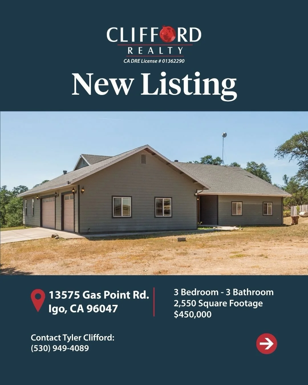 13575 Gas Point Rd. Igo, CA 96047

Enjoy beautiful sunsets and mountain views from this spacious 3-bedroom, 2.5-bath home offering over 2,500 sq ft on 5 beautiful oak-studded acres! Fully fenced with a gated entry, this property offers privacy, funct