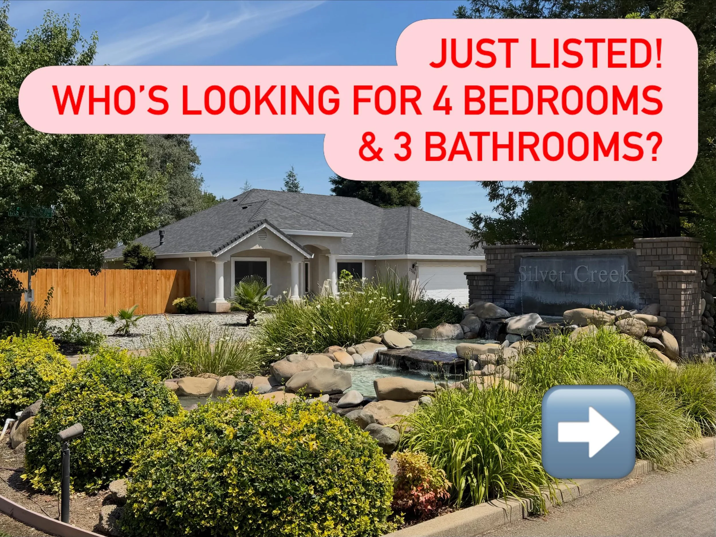 Large home &amp; yard!✅
2704 Western Oak Dr. Redding, CA 96002
$615,000!!

Welcome to this spacious and versatile East Side home situated on a large corner lot in a desirable neighborhood. Offering 4 bedrooms and 3 full bathrooms, the flexible floor 