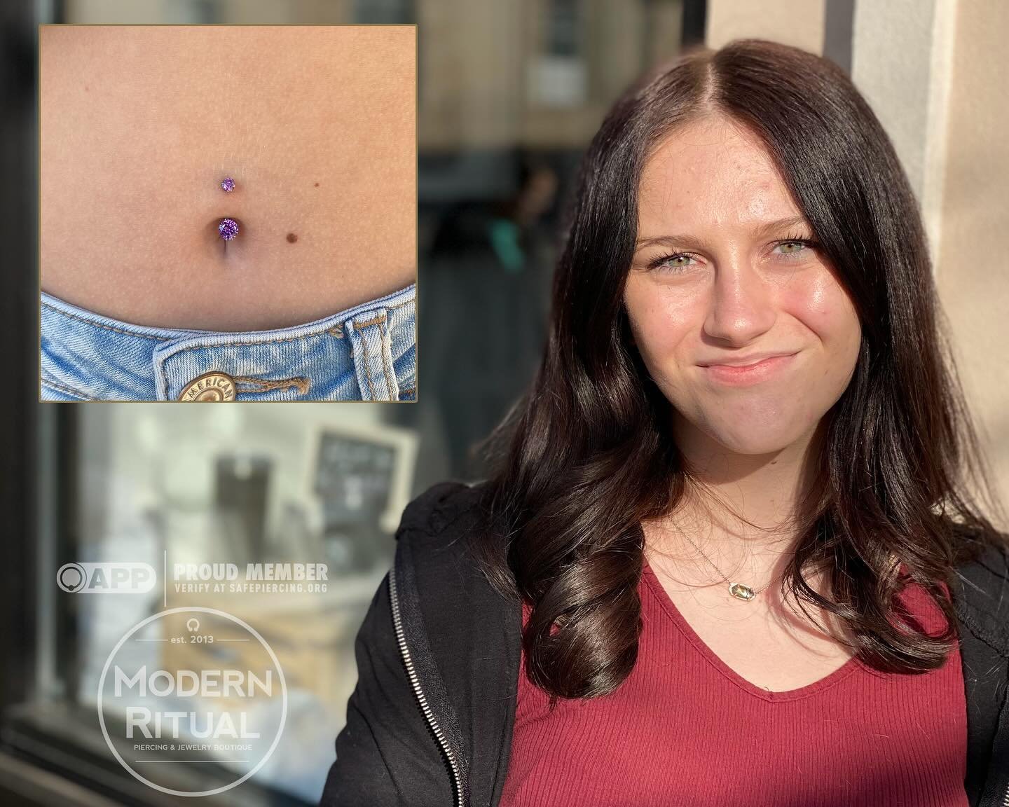 Healed navel piercing by Rob with an Amethyst Gemmed Curve from @intrinsicbody ! Rob, Lea and Dave are in the shop till 7pm tonight. We hope to see you soon!

#navel #navelpiercing #naveljewelry #titanium #titaniumjewelry #amethyst #appmember #safepi