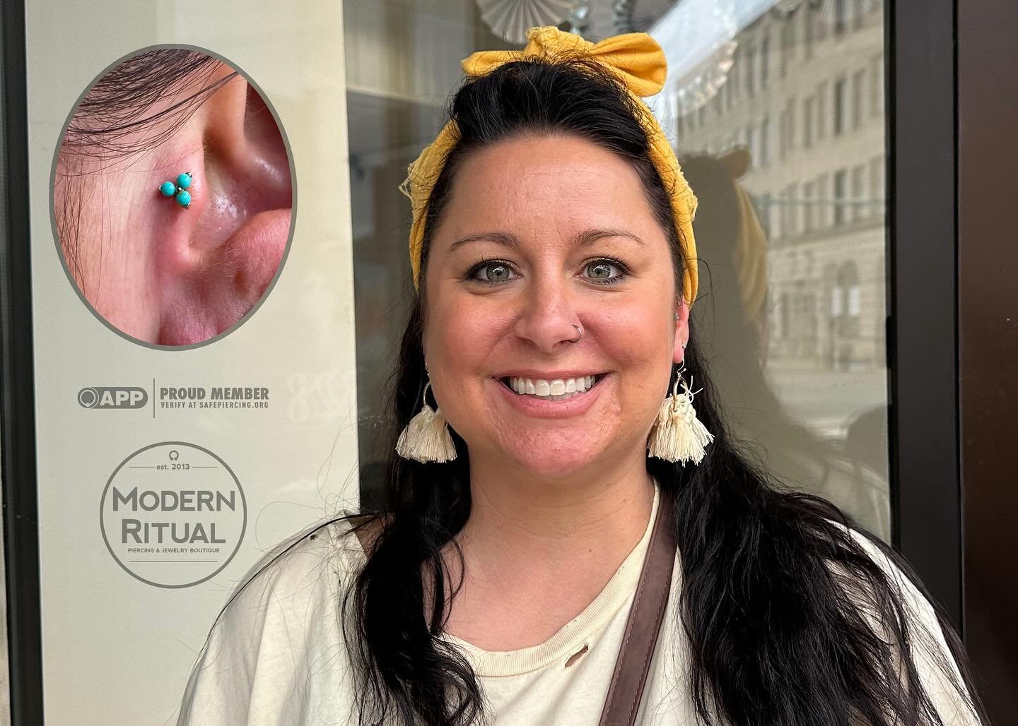 Fresh tragus piercing by @reebz_modernritual with an 18k White Gold Turquoise Trio from @anatometalinc ! Reba, Lea and Dave are in the shop till 7pm tonight and it&rsquo;s First Friday so join us downtown for the festivities!

#tragus #traguspiercing