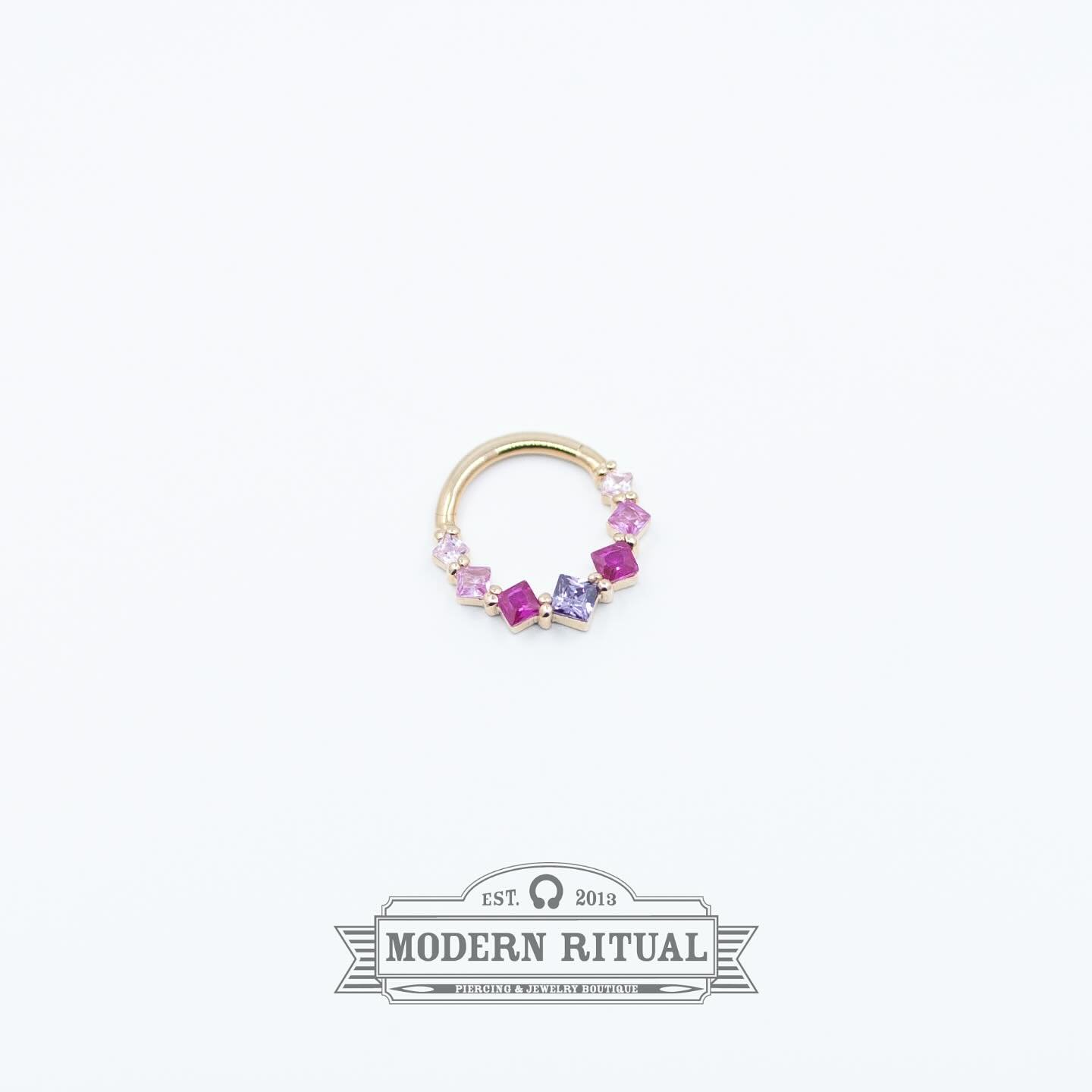 14k Gold Princess Clicker with Amethyst, Ruby, Pink Tourmaline and Pink CZs from @sun_piercer_bodyjewelry ! 

Come see Dave, Lea and Reba today for your new favorite piercing! The shop is open till 7pm.

#gold #clicker #septumjewelry #daithjewelry #s