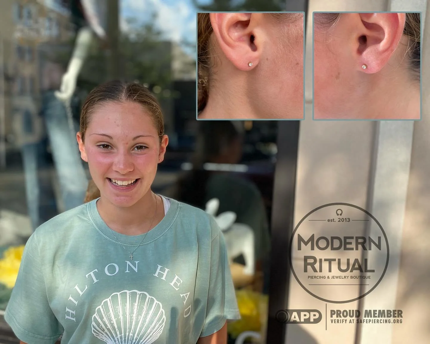 Some things are classic for a reason&hellip; Healed lobe piercings by Rob with 18k Prong Set CZs from @anatometalinc ! Rob and Dave are in the shop till 7pm tonight.

#lobepiercings #gold #cz #anatometal #modernritual