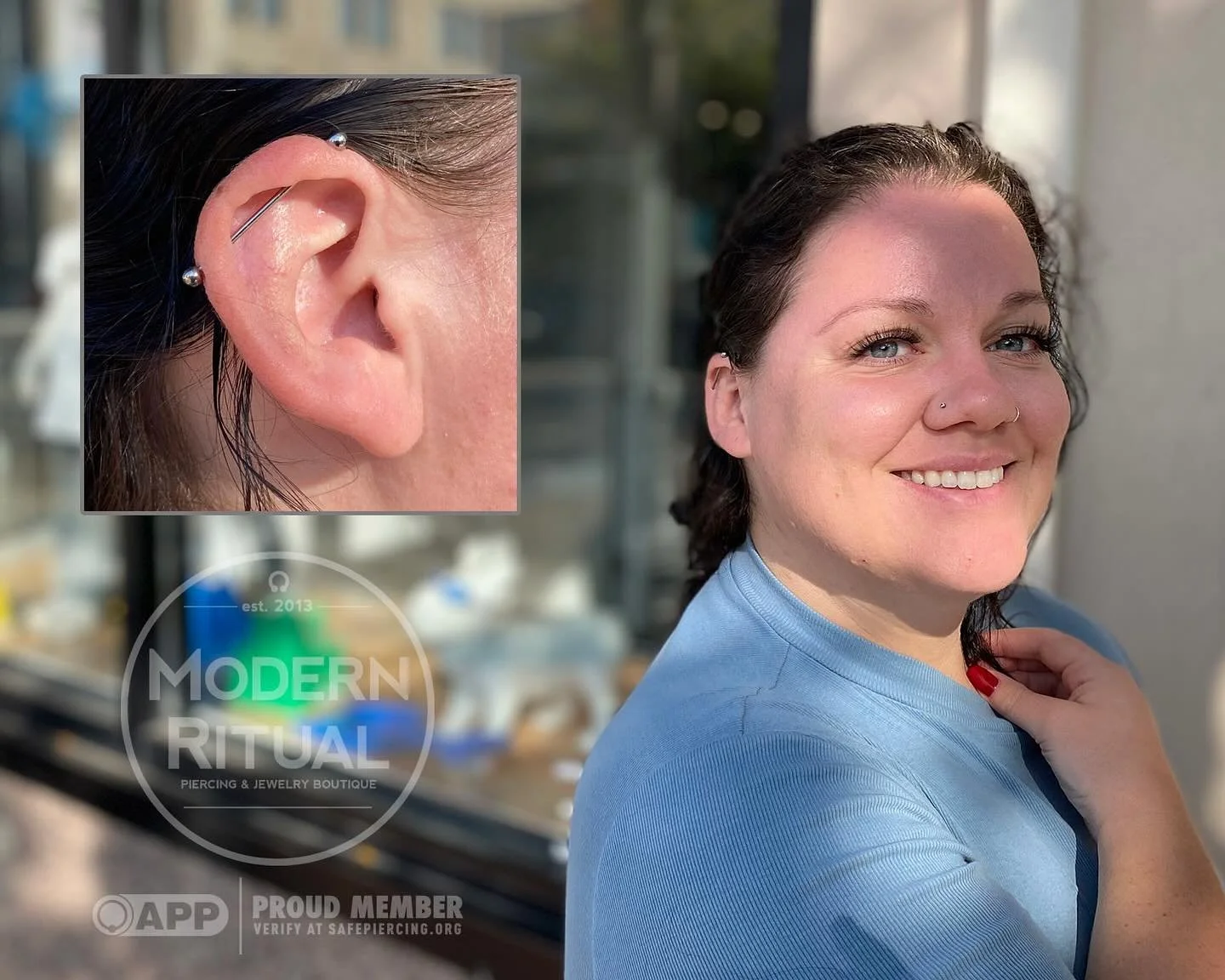 Healed industrial piercing by Rob with a titanium barbell from @anatometalinc ! Rob still has appointments available today and tomorrow so give us a call or stop by. We&rsquo;re open 12-7pm. 

#industrialpiercing #industrial #titanium #modernritual #