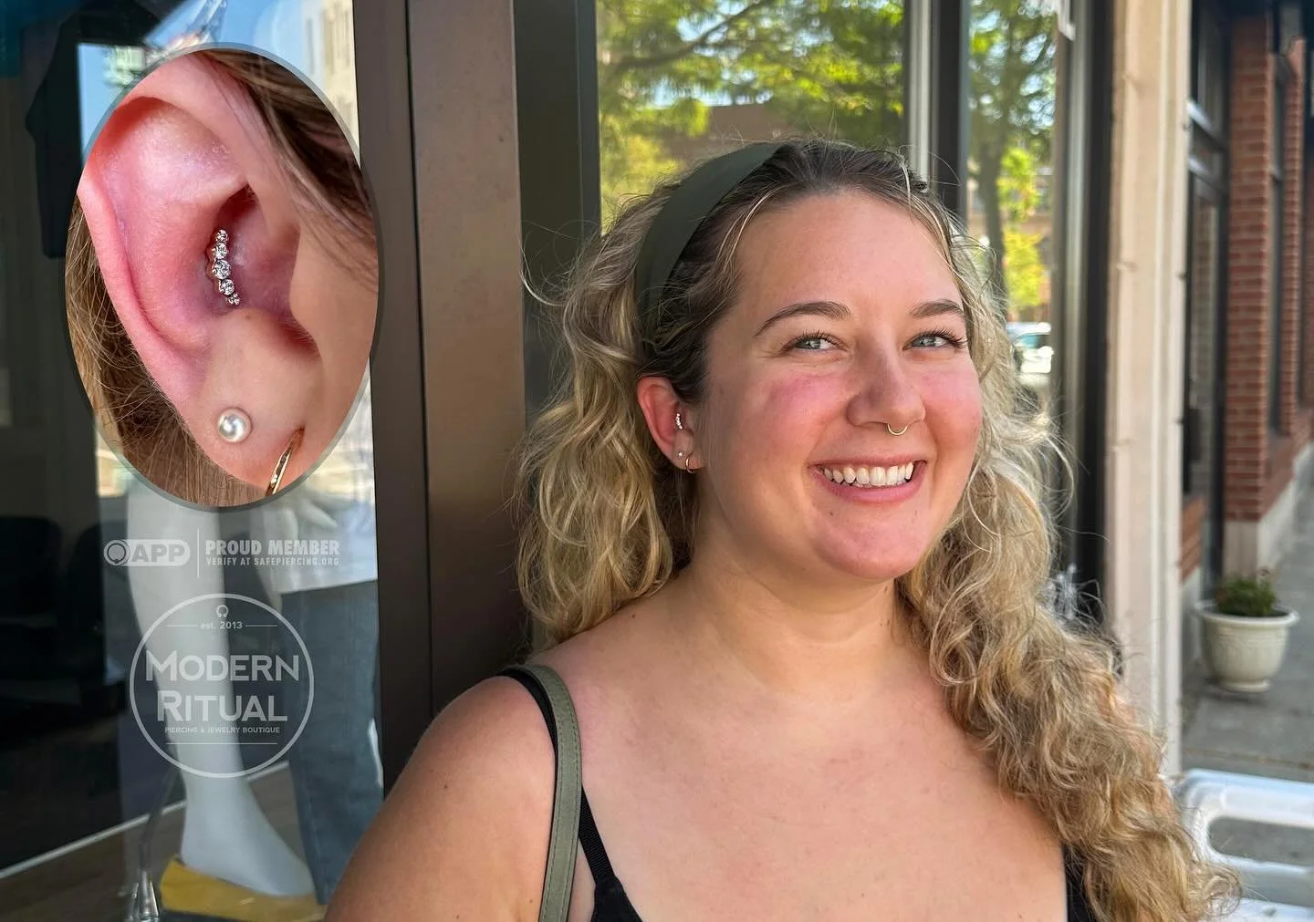 @reebz_modernritual had fun doing this fresh conch piercing with a very shiny 14k Prium end from @industrialstrength ! Reba, Lea and Dave are in the shop till 7pm tonight and it&rsquo;s First Friday so come downtown for some fun!

#conch #conchpierci
