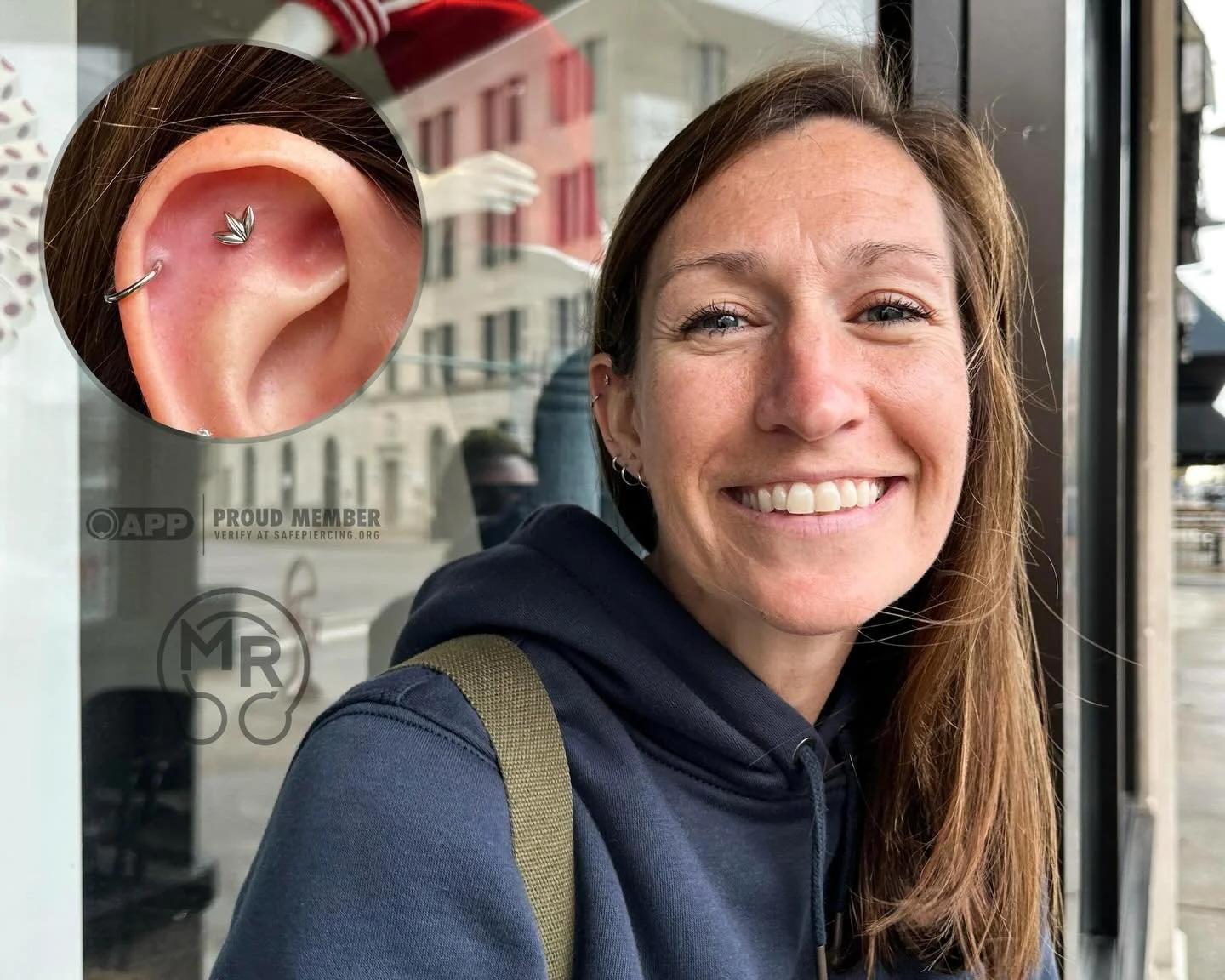 Fresh flat piercing by @reebz_modernritual with a cute little 18k Ferndale from @anatometalinc ! Reba, Lea and Dave are in the shop till 7pm tonight and it&rsquo;s First Friday so come downtown for some fun this evening!

#flatpiercing #ferndale #can