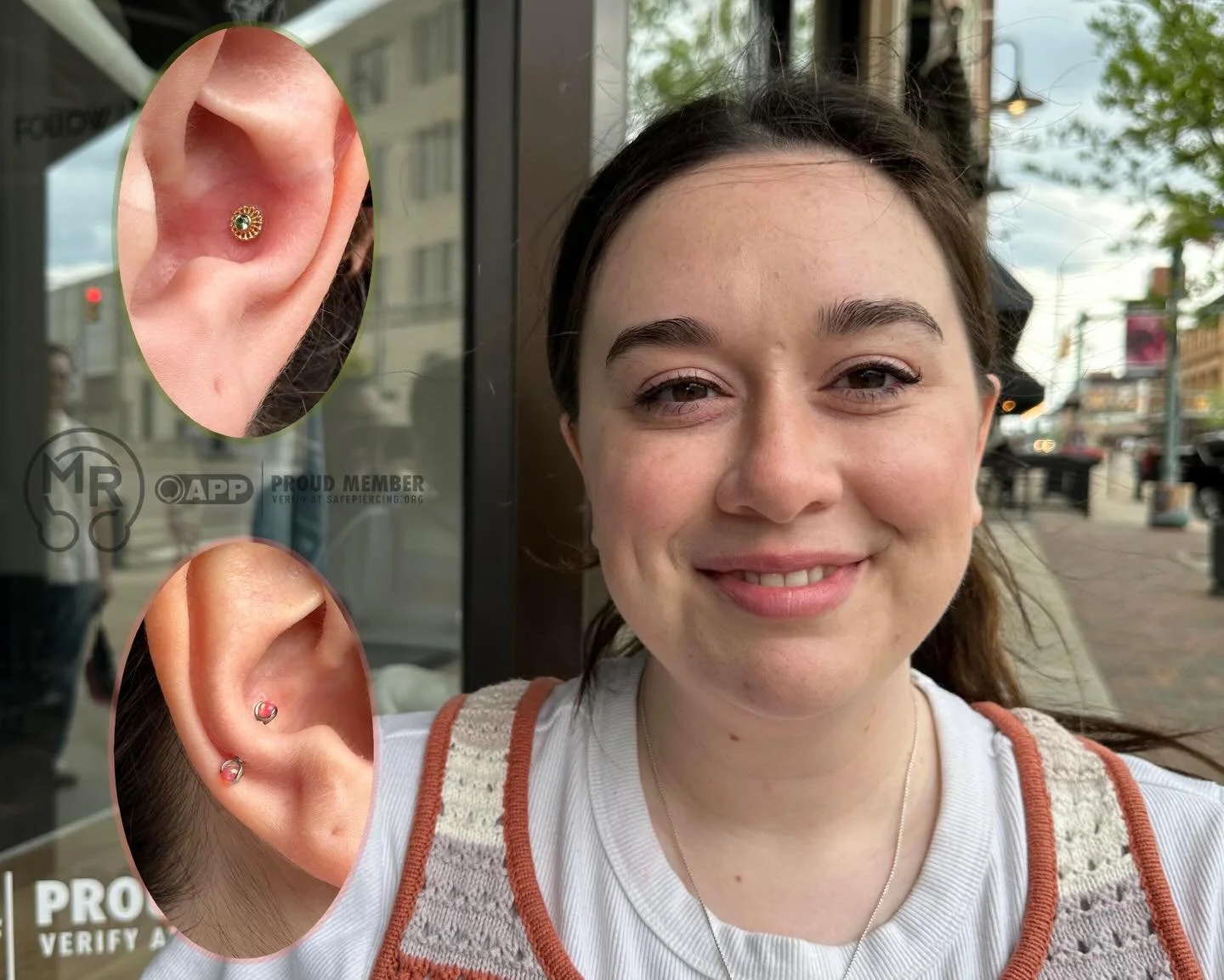 Fresh Conch piercing by Reba with an 18k Yellow Gold Pistachio Virtue from @anatometalinc! Along with a healed snug piercing with titanium pink opal 3 prong balls from @industrialstrengthbodyjewelry! Reba and Logann are in the shop until 7 tonight, c