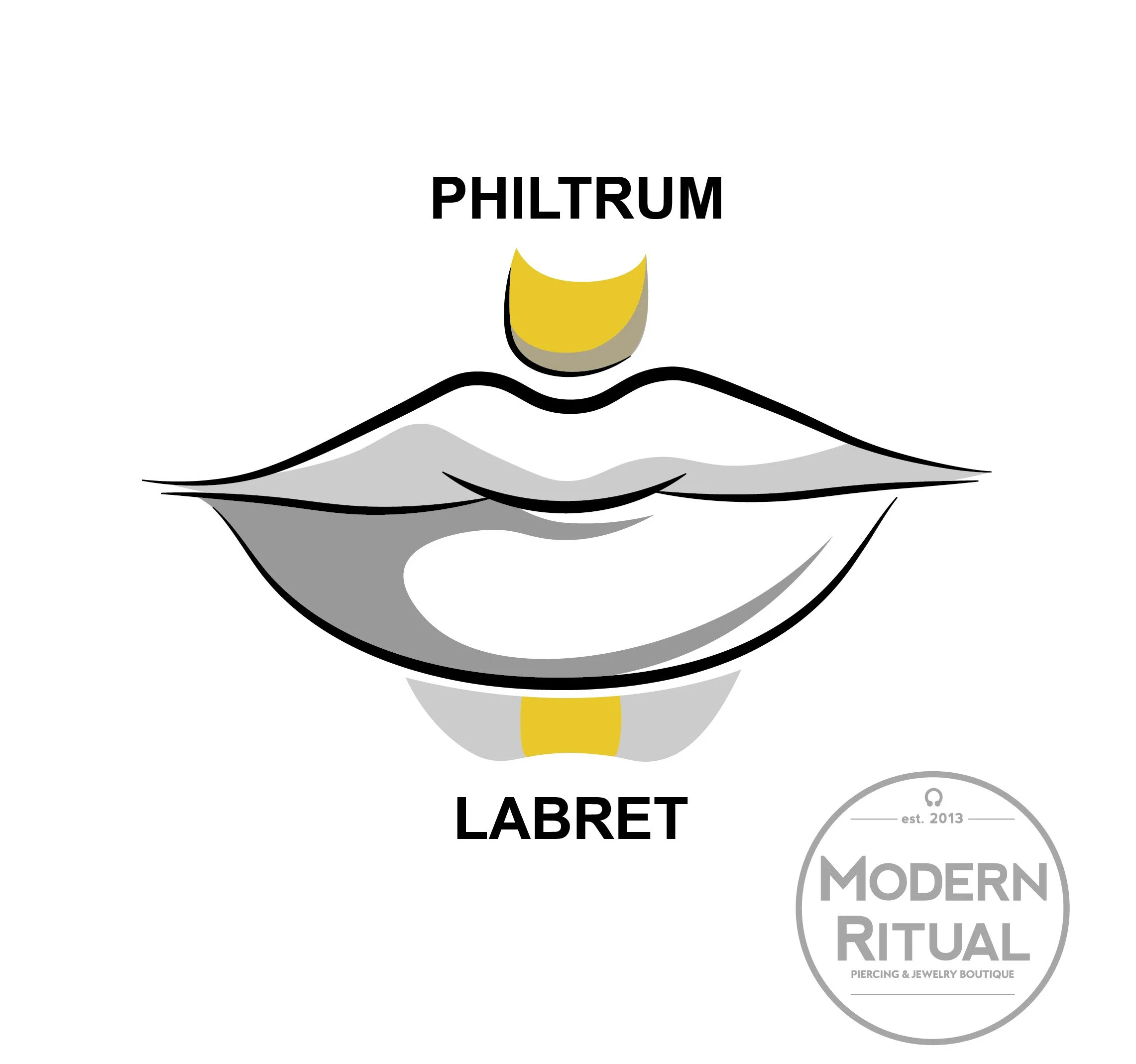 Mouth Illustration featuring the Labret and Philtrum piercing areas highlighted in yellow.