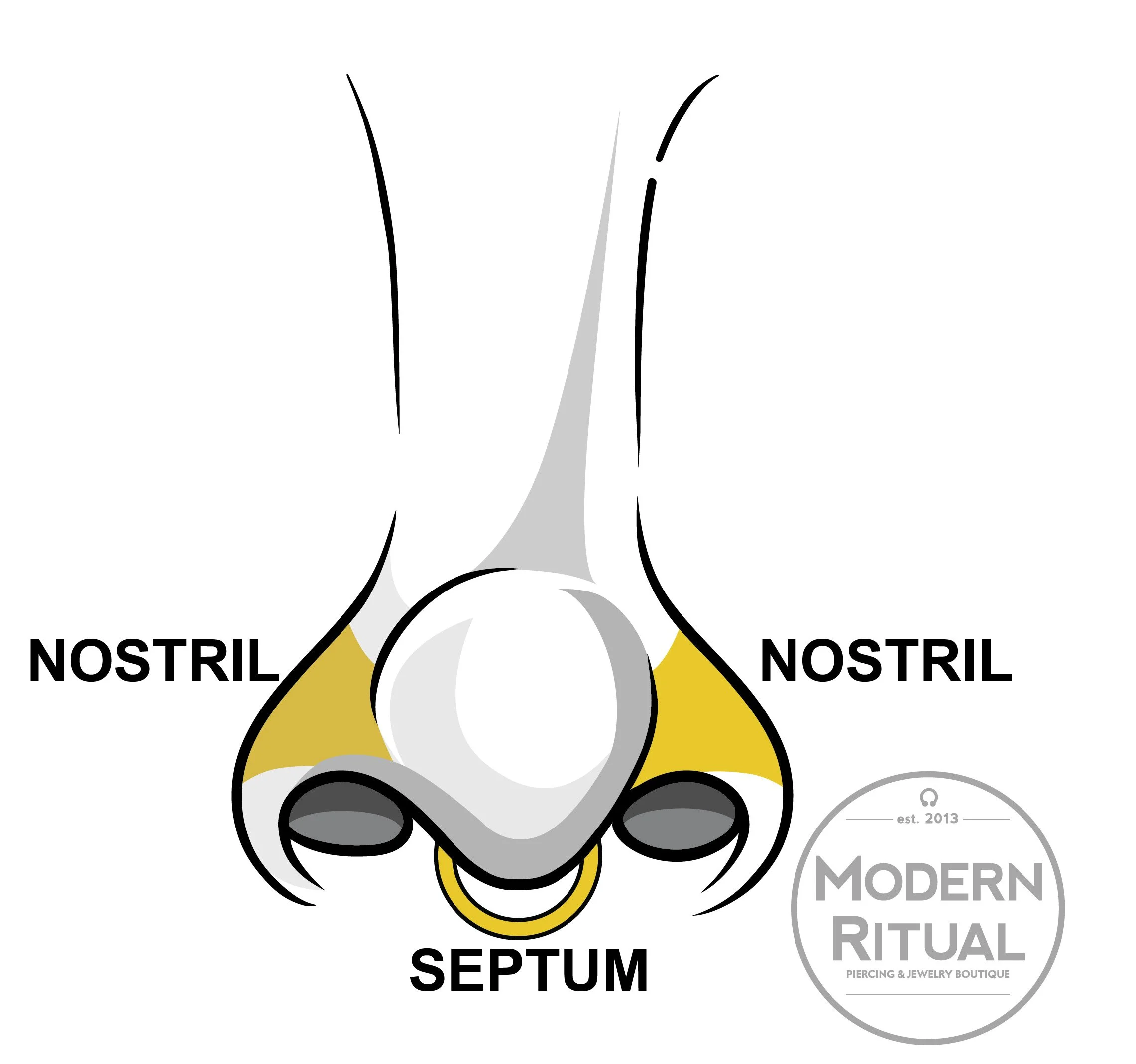 Nose Illustration featuring the Septum and Nostril piercing areas highlighted in yellow.