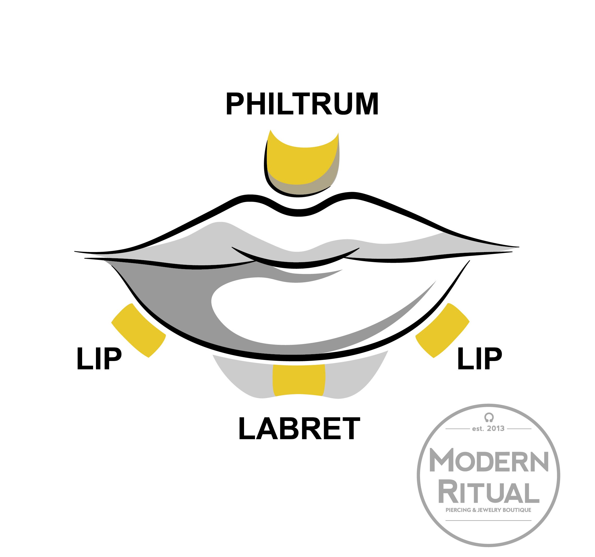 Mouth illustration featuring the Lip, Philtrum, and Labret piercing areas highlighted in yellow.