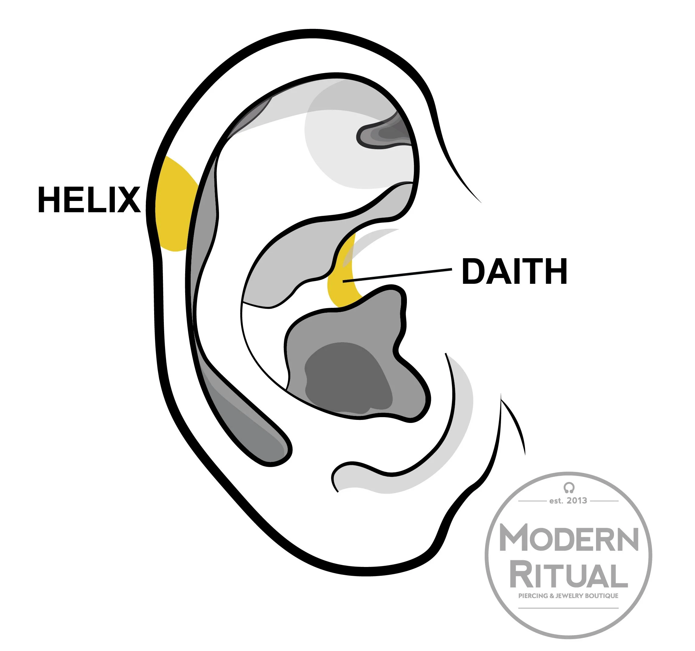 Ear Illustration featuring the Helix and Daith piercings area in yellow.