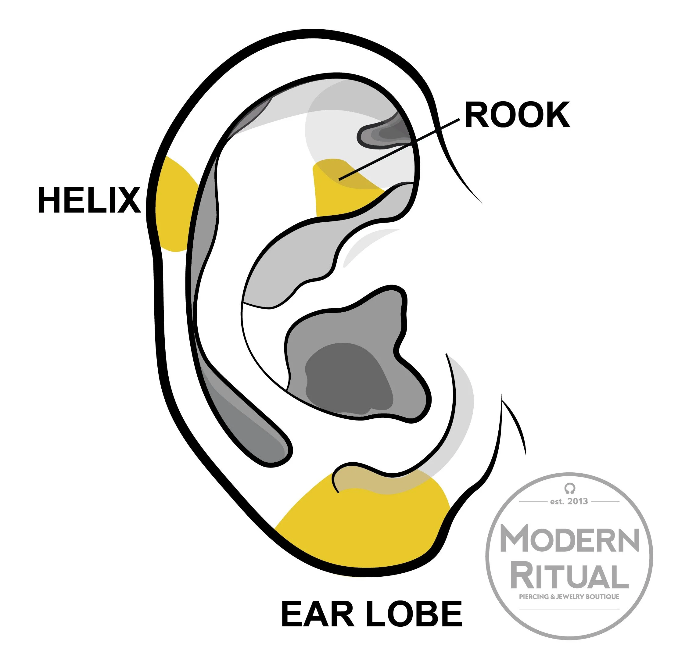 Ear Illustration featuring the Lobe, Rook, and Helix piercing areas in yellow.