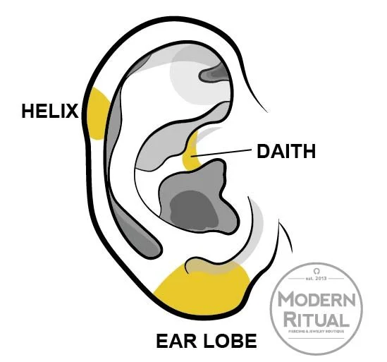 Ear Illustration featuring the Lobe, Helix, and Daith piercing areas in yellow.