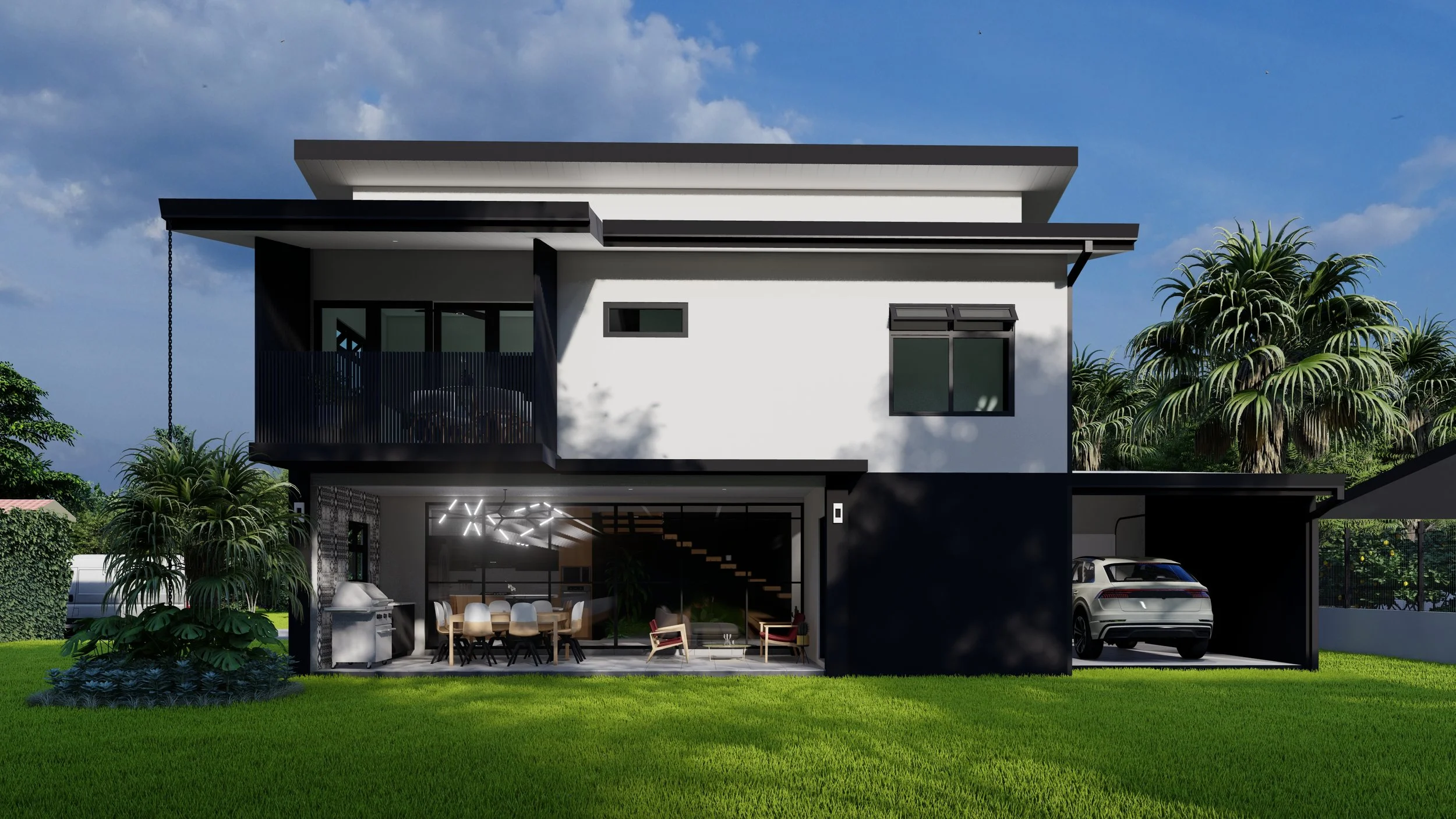 Render de fachada trasera de la casa de estilo contemporáneo - tropical. Con terraza bbq.
Enchapes de madera y piedra, amplias ventanas. Cochera latera