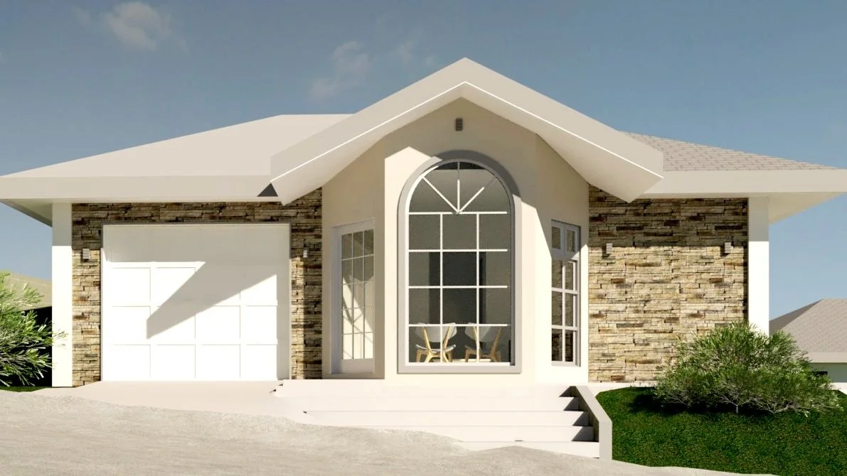 Render de fachada frontal de casa con diseño tradicional y enchape de piedra natural.
Ventana con arco grande y cochera cerrada al costado.