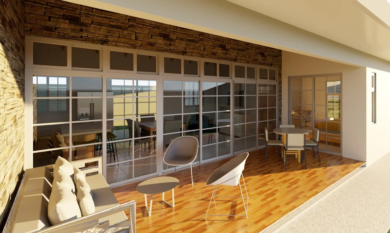 Render de terraza de casa con área social integrada a la terraza por medio de puertas de vidrio corredizas en tres paños.
Enchape de piedra natural.