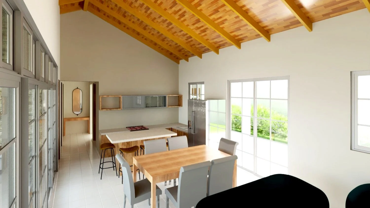 Render de casa con cielos artesonados altos de madera natural.
Área social integrada por cocina, comedor y sala, con puertas de vidrio que comunican con el patio trasero y con la terraza que tiene vista a la bajura.