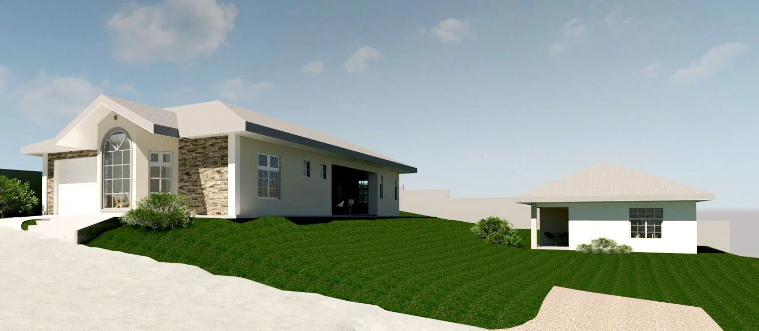 Render de casa con diseño tradicional y casita para huéspedes en lote quebrado.