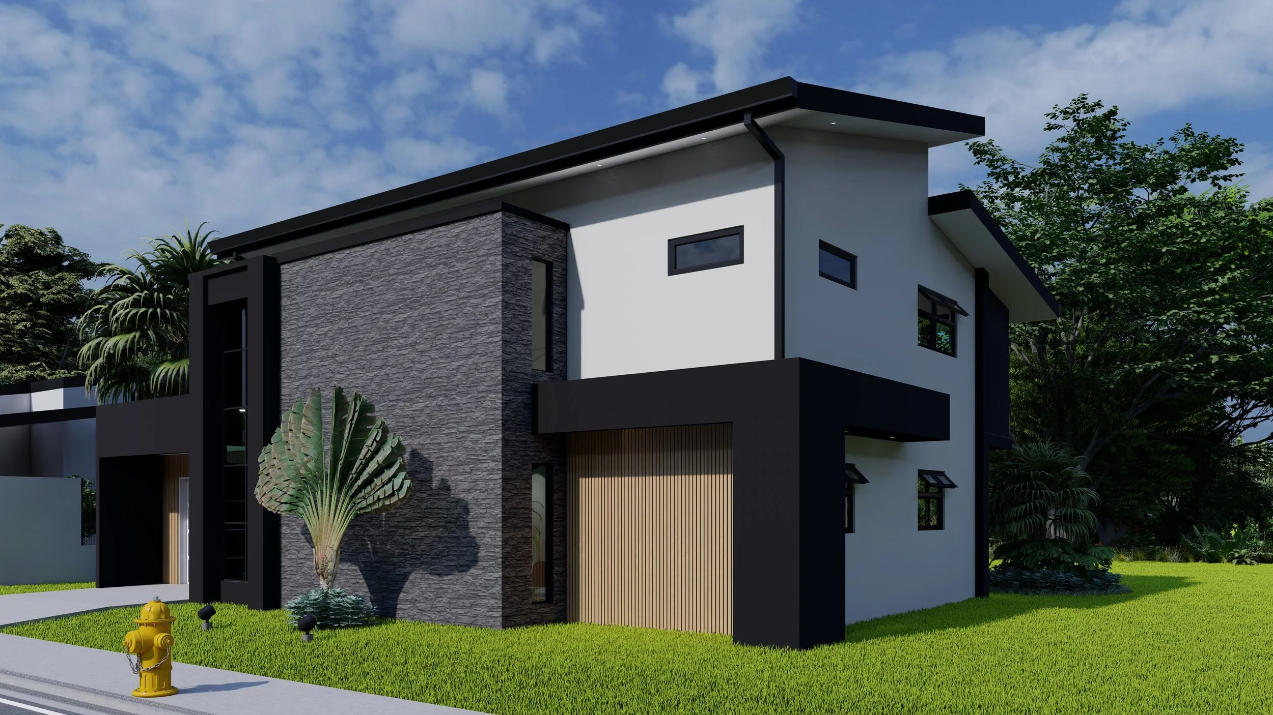 Render de fachada frontal de la casa de estilo contemporáneo - tropical.
Enchapes de madera y piedra, amplias ventanas. Cochera latera
