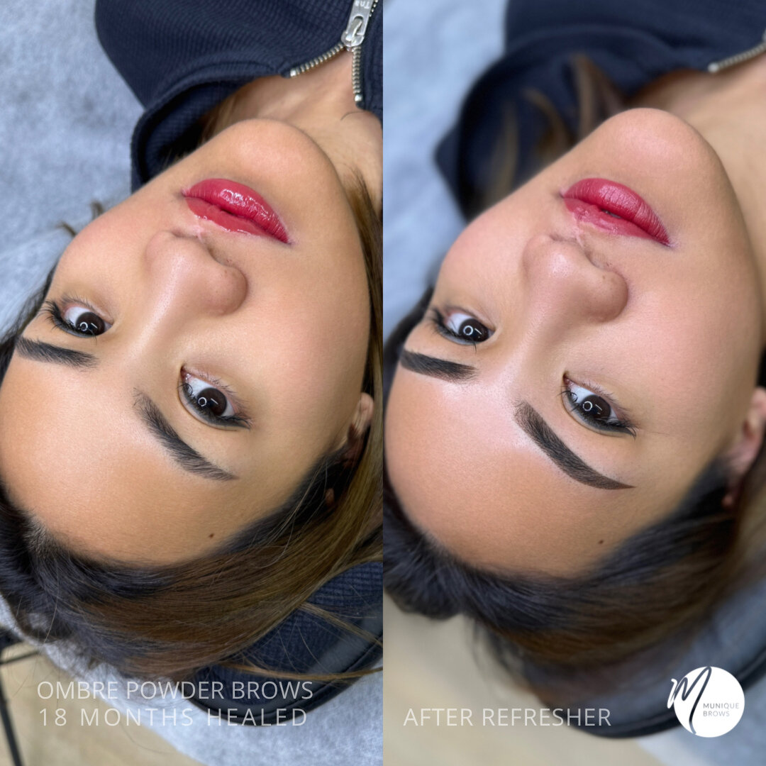 Our lovely Client only had 1 ombr&eacute; powder brow session done before. 

This was her 18 Months Healed vs After Brow Refresher and #LipBlush Refresher | By Mei @muniquebrows 

(Keep reading&hellip;)

As for our lovely client&rsquo;s brows, a neut
