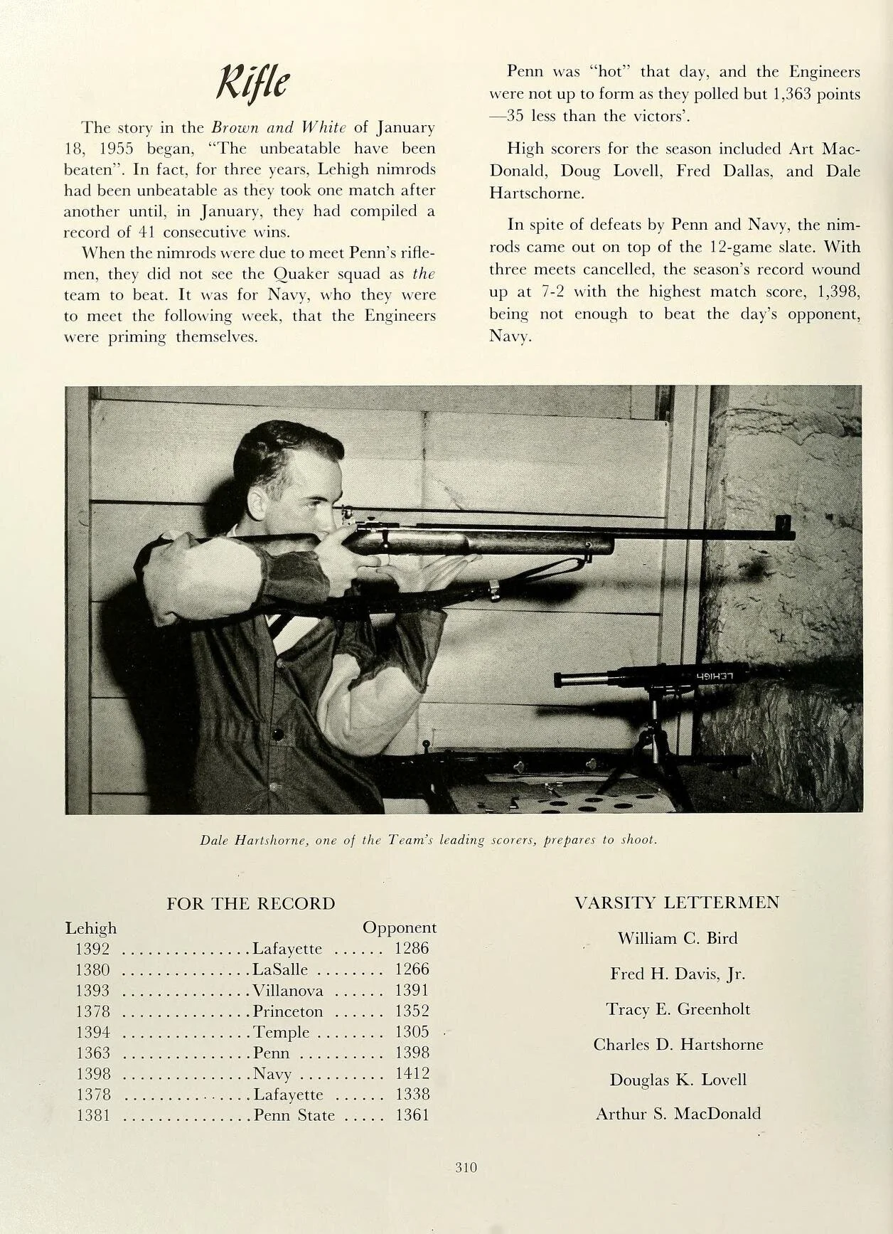 Here we see that in 1955's Pershing Rifles season Lehigh Nimrods beat Lafayette as usual. Different sport same outcome.