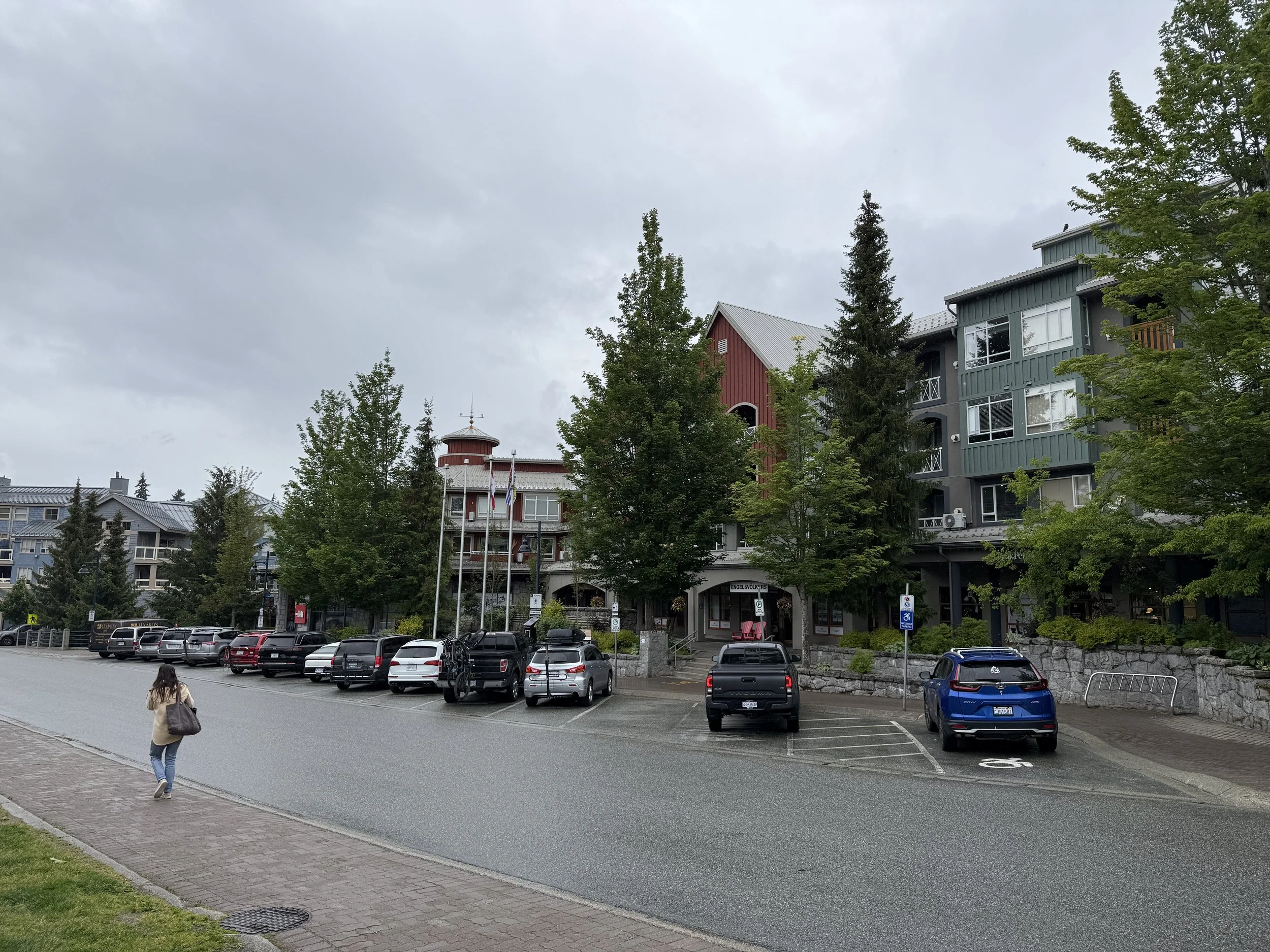 A wet parking lot with several parked cars and a woman walking on a brick sidewalk under cloudy skies, surrounded by green trees and apartment buildings.