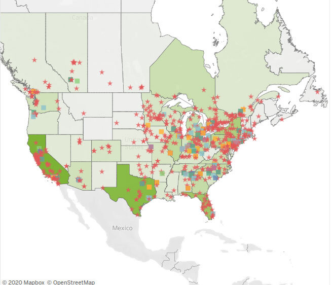 CLP-Plastics-Map of the united states showing states in shades of green and starred locations