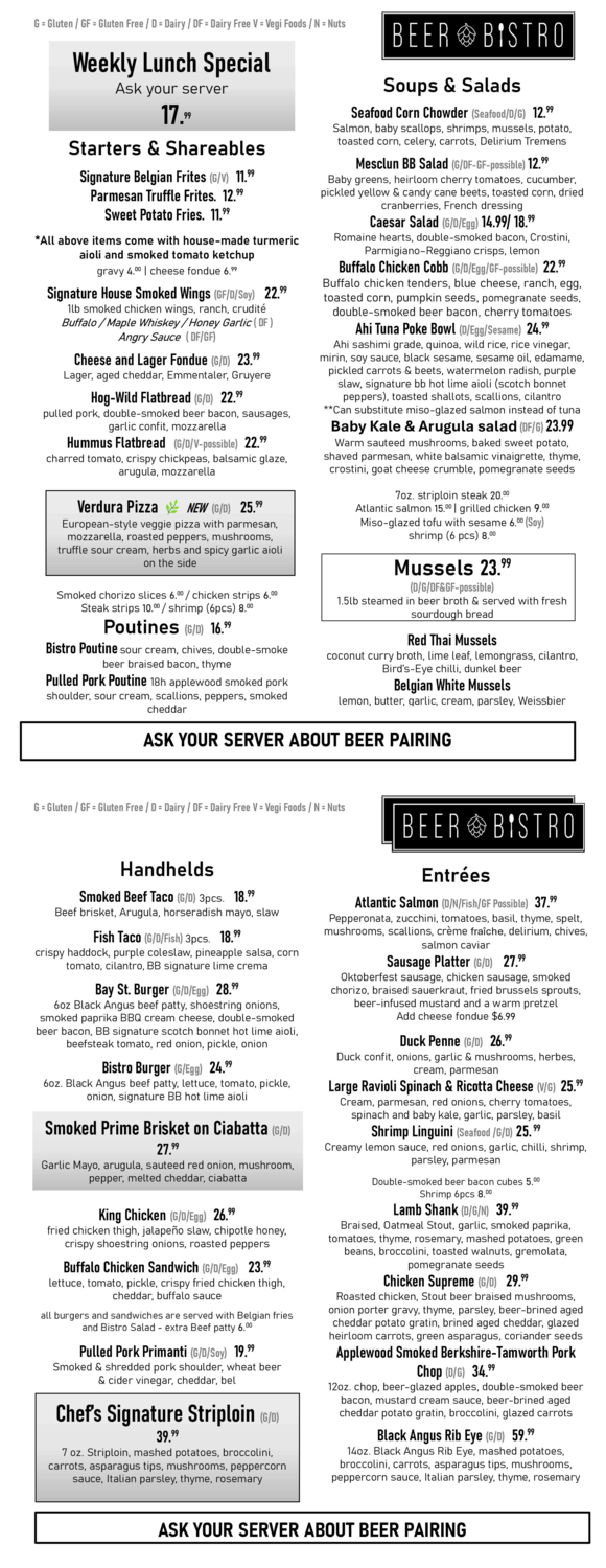 Beer Bistro menu featuring weekly lunch specials, soups, salads, shareable appetizers, pizza, poutines, hand-helds, entrées, and desserts with prices and descriptions.