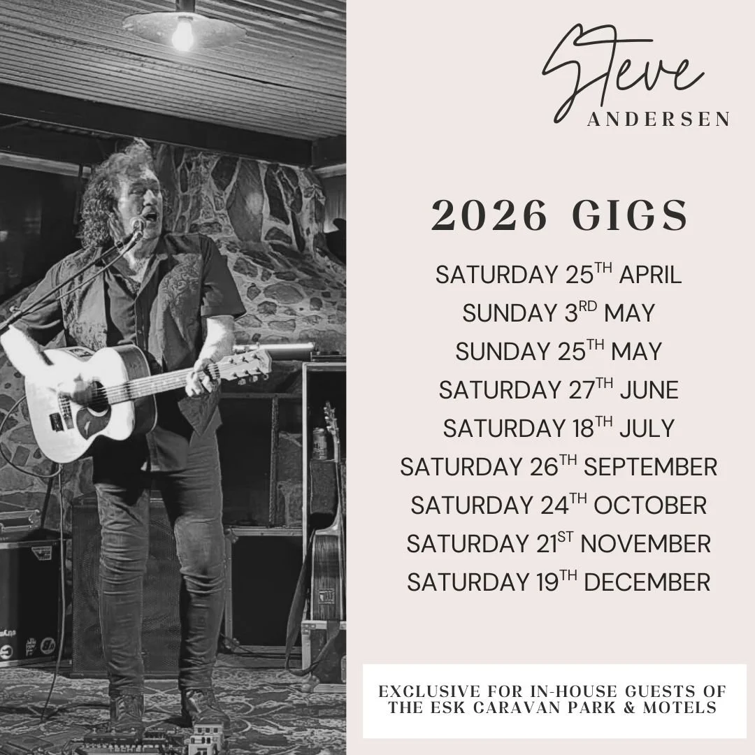 Musician Steve Andersen, schedule of live gigs and entertainment for 2026 at the Esk Caravan Park