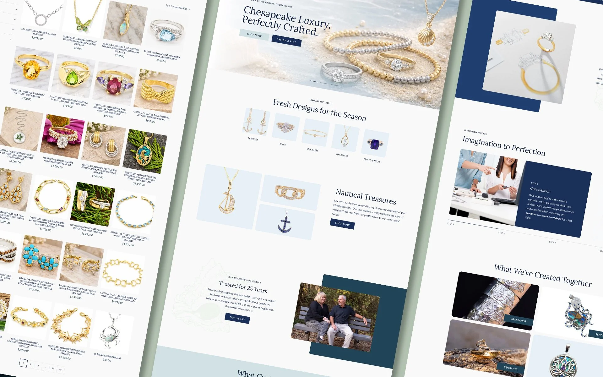 three overlapping screenshots of the Kent Island Jewelry website, showing product listings, featured collections, step-by-step processes, and staff highlights