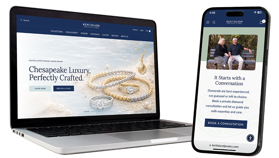 Laptop and smartphone displaying Kent Island Jewelry website with images of jewelry and staff highlighting luxurious and perfectly crafted items