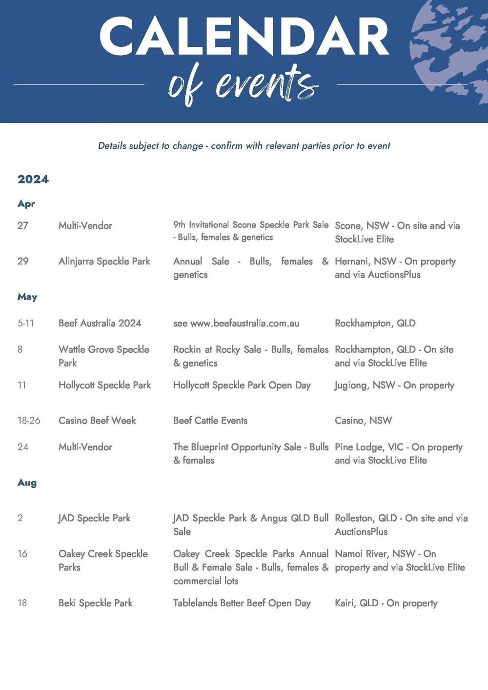 Calendar — Speckle Park International