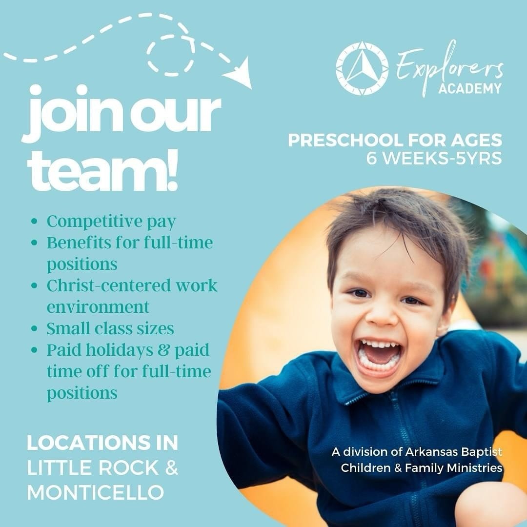 Join our preschool team! Provide fun, nurturing, sensory-rich childcare in a Christ-centered environment! We are hiring for Explorers Academy at both locations, Little Rock and Monticello. Work with a great team in a positive work culture while impac