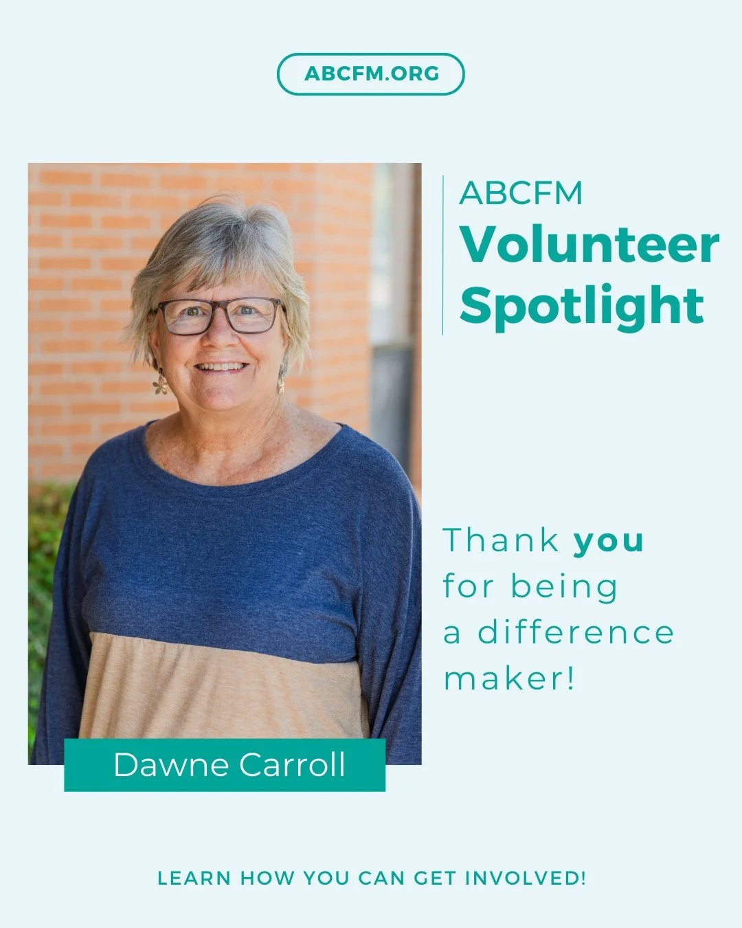 🌟 Volunteer Spotlight: Dawne Carroll

When we think of faithful partners, Dawne Carroll quickly comes to mind. She has truly become part of the ABCFM family&mdash;always ready to step in and help wherever needed.

From filling in as hostess at our M