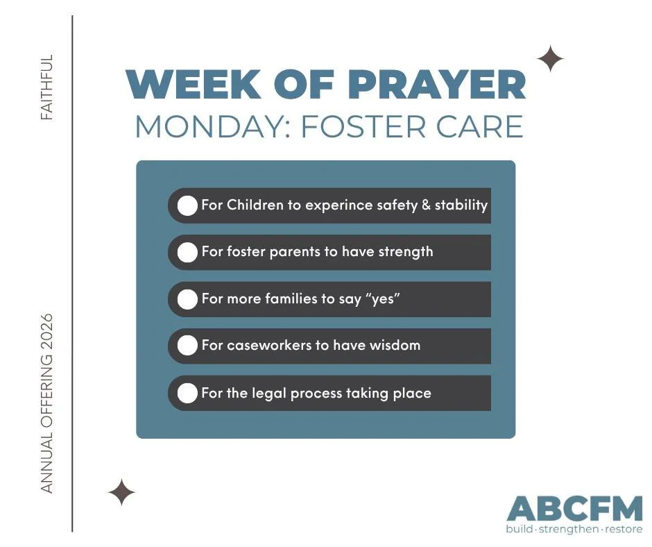 &ldquo;Learn to do right; seek justice. Defend the oppressed. Take up the cause of the fatherless; plead the case of the widow.&rdquo; Isaiah 1:17. 

This week we will be praying over all areas of ABCFM as we continue in our Annual Offering.

Today, 