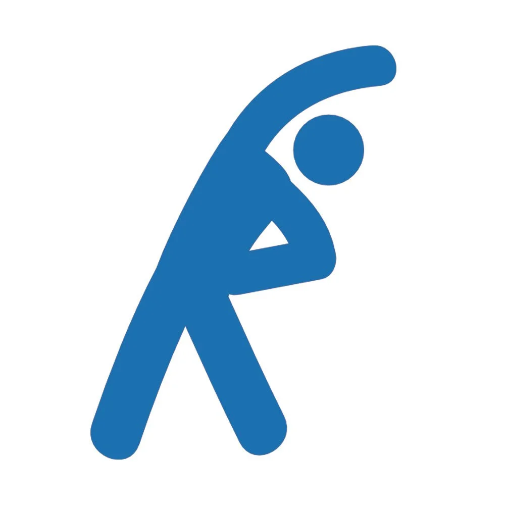 Icon of a person stretching with one arm overhead in blue silhouette.