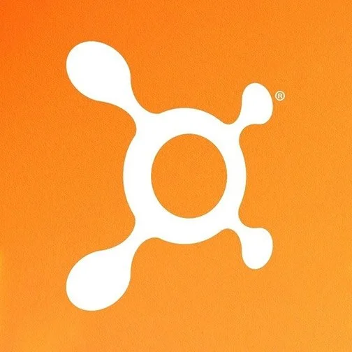 A stylized white logo resembling a molecular structure on an orange background.