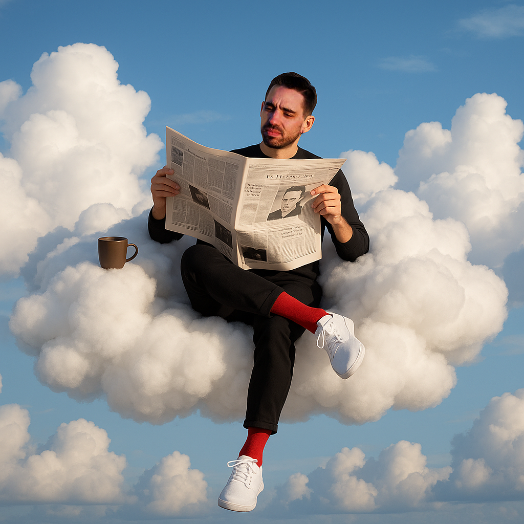 Jacob sitting on a cloud, floating in the sky, calmly reading a newspaper.