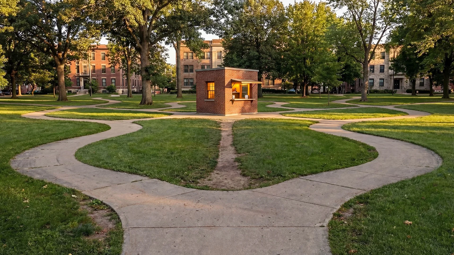 Sidewalks meander all around, but a straight "desired path" cuts right to a destination in the center.